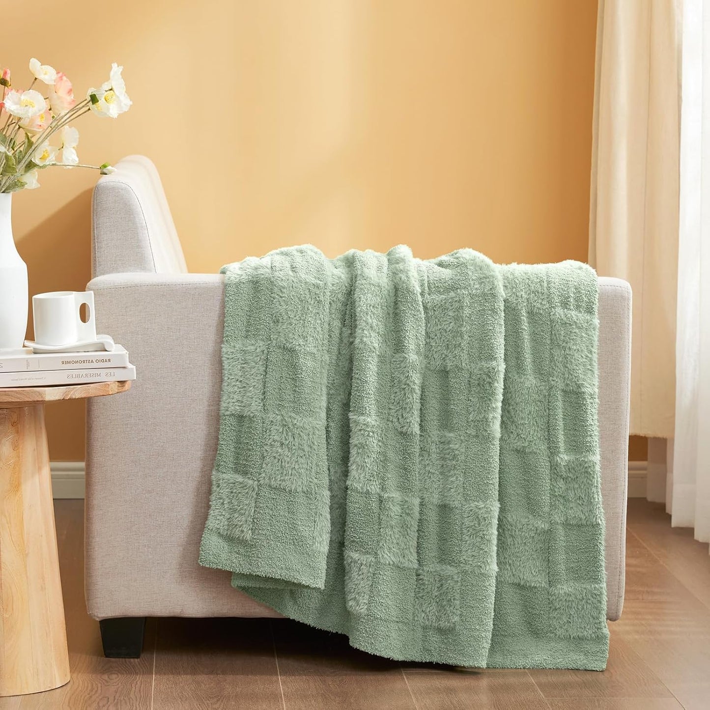 Snuggle Sac Faux Fur Checkered Blanket Twin Size with Soft Knitted Microfiber,Cozy Soft Warm Blanket for Sofa Bedroom Living Room,Solid Sage Green,60x80 inches