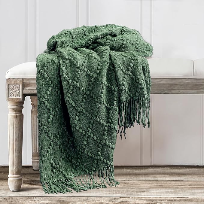 BOURINA Green Throw Blanket 50 x70 Inches Jacquard Argyle Throw Textured Solid Soft Throws and Blankets for Sofa or Bed Knitted Decorative Blanket