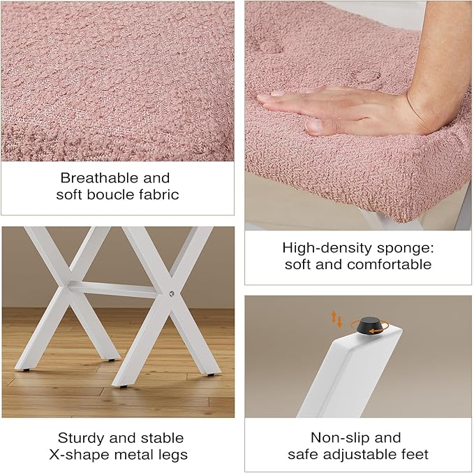18-Inch Vanity Stool Chair, Vanity Bench with Metal X-Legs, Ottoman Accent Stool with Breathable and Soft Boucle Fabric Saddle Seat, Pink
