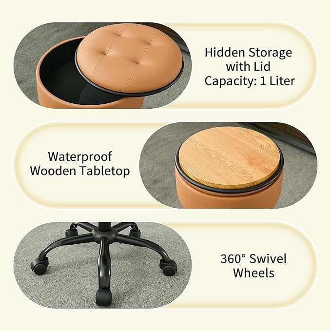 Vanity Stool with Wheels (Chair & Small Table in One) (Adjustable Height Stool 20.67"-24.61"), Caramel Brown Rolling Chair with Storage