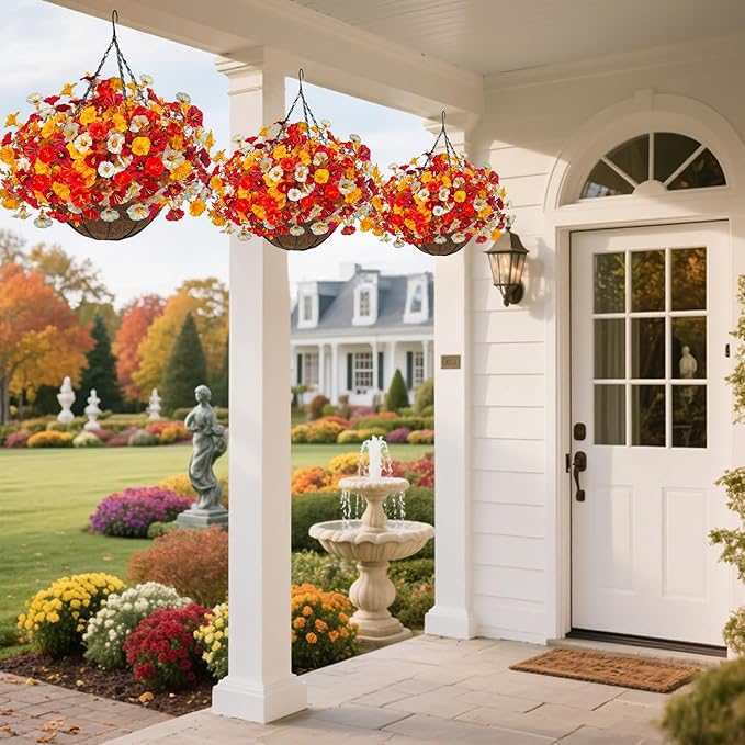 Artificial Fall Flowers with Hanging Baskets Outdoors, Faux mums for Outdoor planters, Fake Mums Petunia Artificial Hanging Plants UV Resistant for Autumn Porch Garden Home Yard Decor (Deep Autumn)