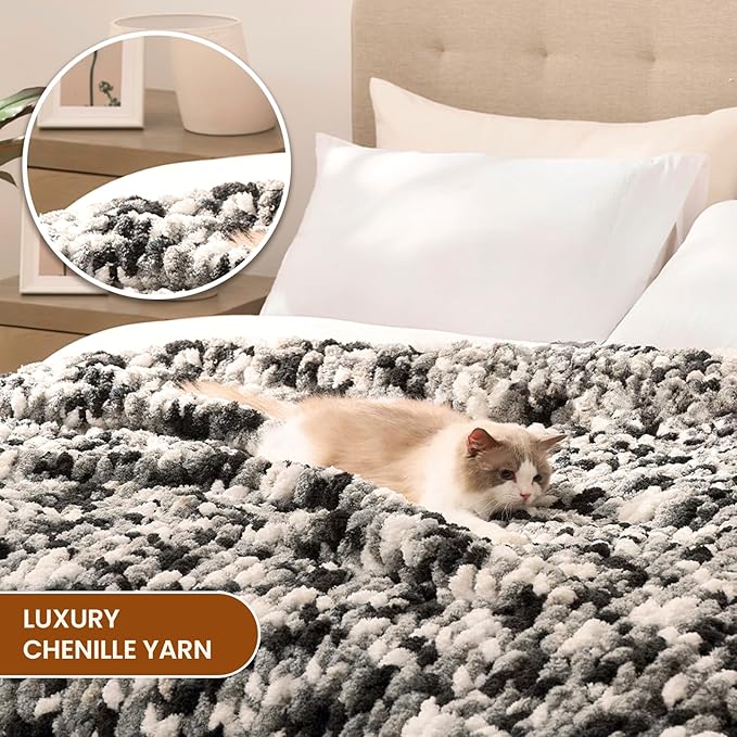L'AGRATY Chunky Knit Blanket Throw: 50''x60'' Chenille Chunky Knitted Throw Blankets for Bed Couch - Handmade Thick Cable Knit Blanket - Large Crochet Rope Blankets for Home Decor