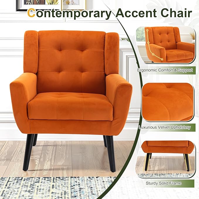 NicBex Modern Accent Chair for Living Room Upholstered Foam Filled Living Room Chairs with Metal Legs Velvet Cozy Lounge Armchair for Living Room Bedroom,Orange