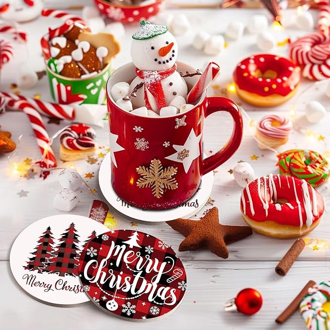 Christmas Absorbent Coasters with Holder Set of 6, Ceramic Stone with Cork Base, Red Buffalo Plaid Design Coaster for Drinks, Gift for Housewarming Room Bar Home Decor Kitchen