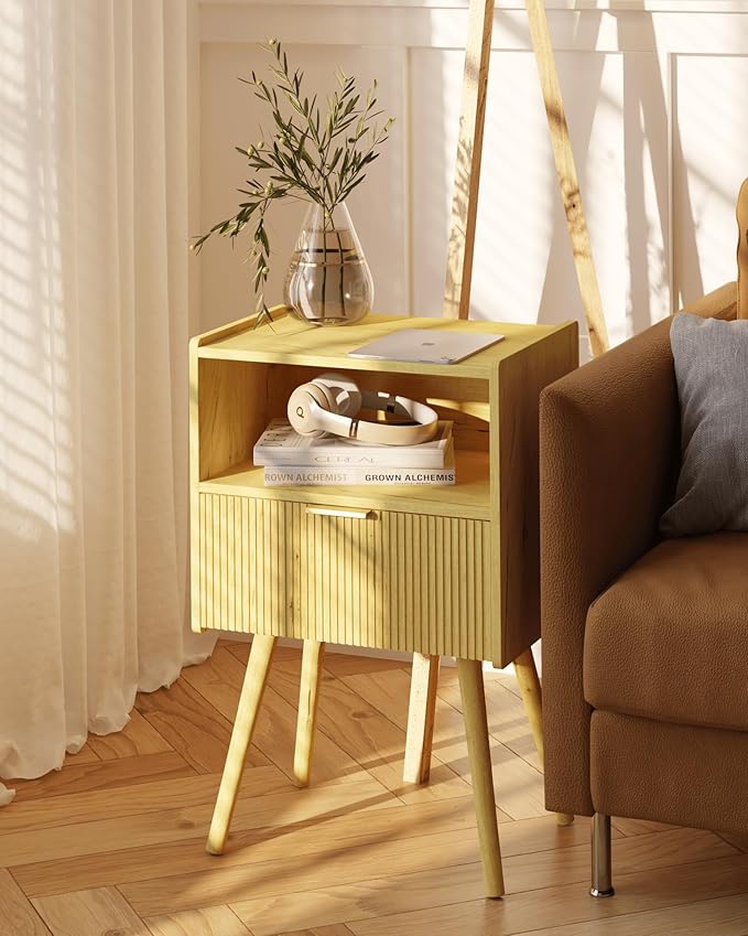 Nightstand,Modern Bedside Table with Storage Drawer and Open Wood Shelf, for Living Room, Bedroom and Small Spaces, Accent Night Stand with Solid Wood Legs, Easy Assembly,Vintage Yellow Oak