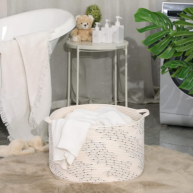 KAKAMAY Large Blanket Basket (20"x13"),Woven Baskets for storage Baby Laundry Hamper，Cotton Rope Blanket Basket for Living Room, Laundry, Nursery, Pillows, Off White with Blue & Brown Dotted Pattern