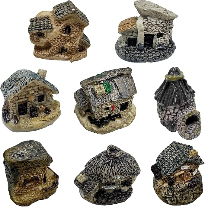 8 PCS Mini House Figurines,Mini Fairy Cottage House, Fairy Garden Cottage Ornaments Accessories for DIY Bonsai，Terrarium，Micro Landscape Yard Bonsai Decoration.