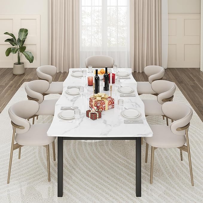 IDEALHOUSE 78.7”Dining Table with Wave Irregular Edge, 15mm Thick MDF Top & Metal Frame, for Kitchen, Quick Assembly, Wooden Kitchen Table for 6-8, Waterproof Scratch-Resistant, Marble