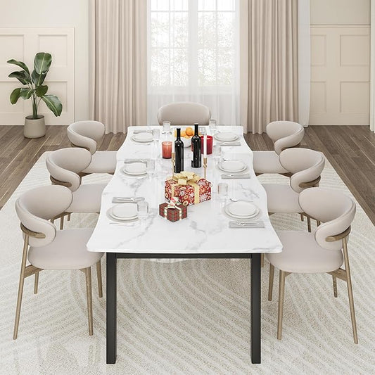 IDEALHOUSE 78.7”Dining Table with Wave Irregular Edge, 15mm Thick MDF Top & Metal Frame, for Kitchen, Quick Assembly, Wooden Kitchen Table for 6-8, Waterproof Scratch-Resistant, Marble