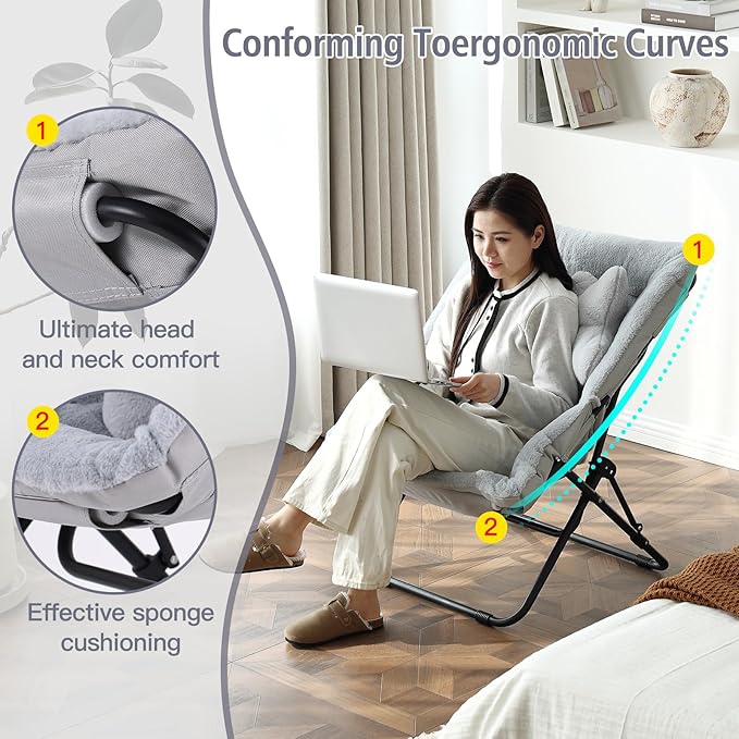 Welnow Comfy Saucer Chair, Oversized Folding Reading Chair for Adults with Throw Pillow Soft Faux Fur Lounge Chair for Bedroom Furry Accent Chair for Living Room, Dorm Rooms, Grey
