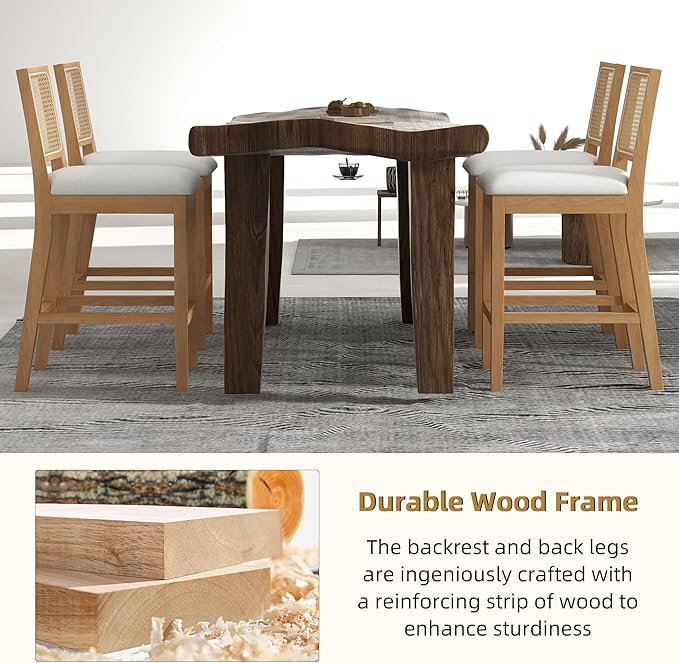 Westice Rattan Bar Stools Set of 4, 26" Farmhouse Counter Height Stools with Natural Rattan Back and Wood Frame, Upholstered Line Fabric Seat Cushion, Wooden Stools for Kitchen Island/Pub, Natural