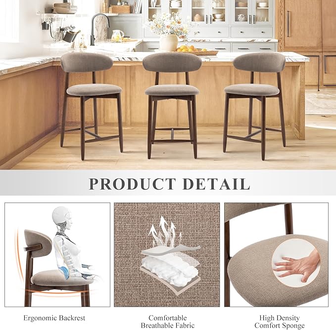 COLAMY Bar Stools Set of 3, Counter Height BarStools with Back, Mid Century Modern Upholstered, with Wood Legs for Kitchen Island Dining Room, Camel