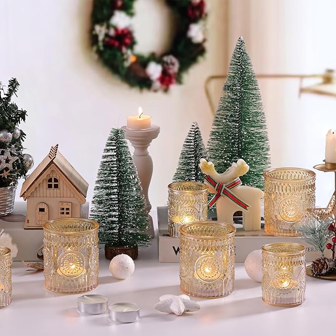 Volens 20pcs Assorted Gold Votive Candle Holders with 20pcs Tealight Candles, Large Glass Votive & Tea Light Candle Holder for Wedding Table Centerpieces, Christmas Party Decorations, Fall Home Decor