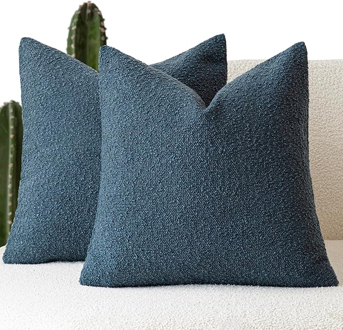 Foindtower Set of 2, Decorative Textured Boucle Throw Pillow Covers Accent Solid Pillow Cases Neutral Soft Cozy Couch Cushion Case for Chair Sofa Bedroom Living Room Home Decor 16 x 16 Inch Blue
