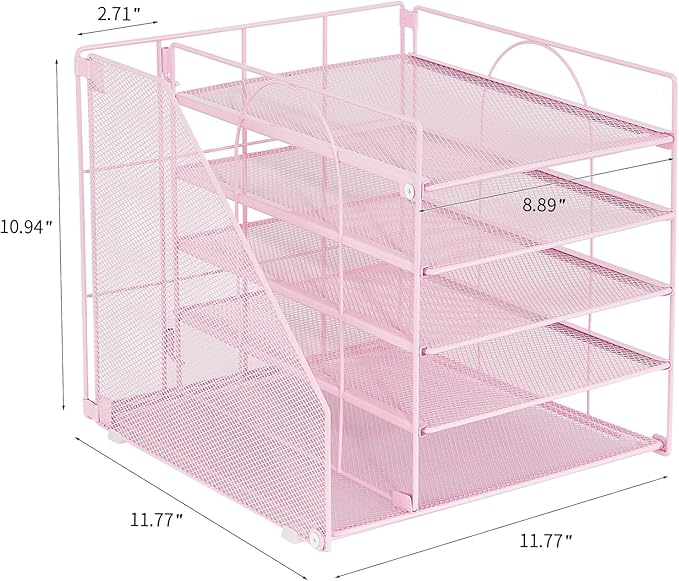 Desk Organizers and Accessories, 5-Tier Paper Letter Tray Organizer with File Holder, Pink Office Decor (Pink)