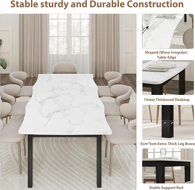 IDEALHOUSE 78.7”Dining Table with Wave Irregular Edge, 15mm Thick MDF Top & Metal Frame, for Kitchen, Quick Assembly, Wooden Kitchen Table for 6-8, Waterproof Scratch-Resistant, Marble