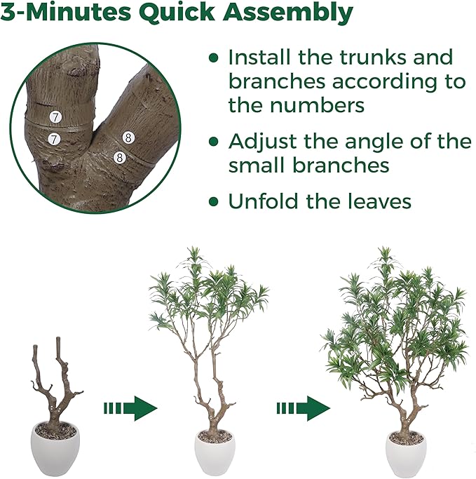 7 Feet Artificial Dracaena Reflexa, Large Faux Tree with White Pot, Tall Dracaena Tree, Fake Plants for Home & Office Decor, Realistic Wood Trunk and Lifelike Leaves