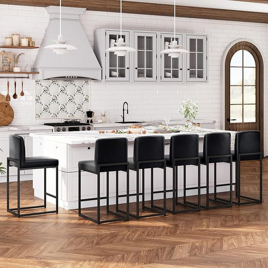 ALPHA HOME 24 Inch Bar Stools Set of 6, Kitchen Counter Stools with Backs, PU Leather Barstools, Kitchen Stools with Back&Upholstered Footrest, Sturdy Chromed Metal Steel Frame, Midnight Blue