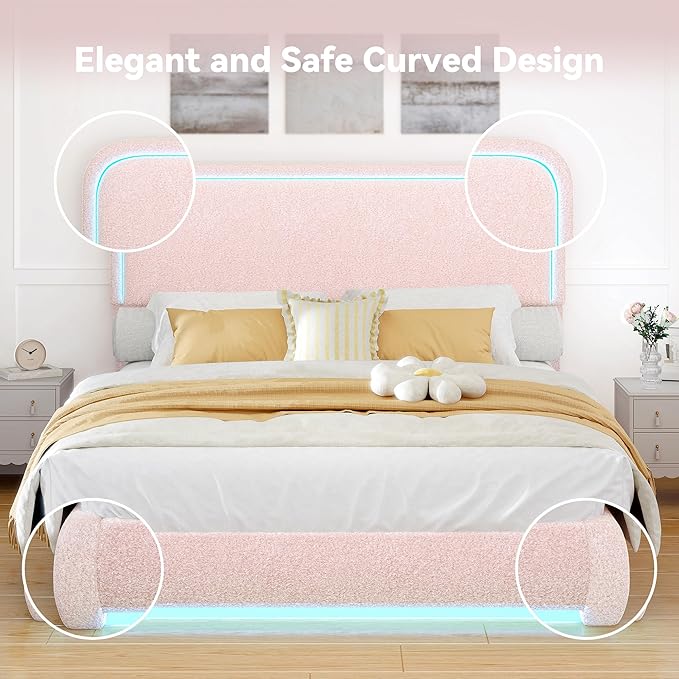 Torana Queen Marshmallow Bed Frame with Headboard and Footboard, Curved Shaped Cloud Upholstered Beds with LED Lights, Teddy Fleece Bedframe with Soft Rounded Corners and Strong Slats Support, Pink