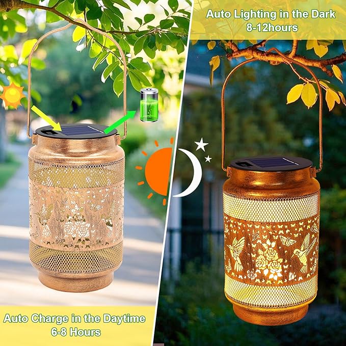 Hummingbird Solar Lanterns Outdoor Waterproof with Shepherd Hook, Birthday Gifts for Christmas Women Mom Grandma, Metal Solar Hanging Lights Garden Decor for Outside Yard Patio Pathway Porch