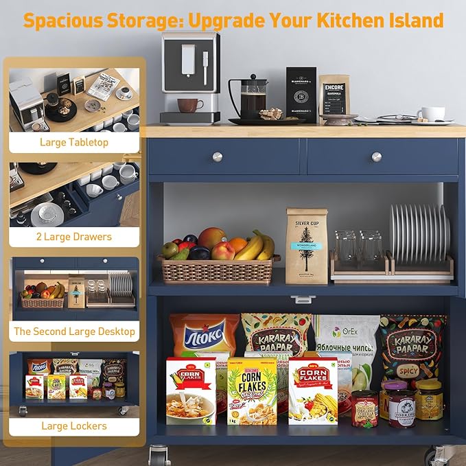 Rolling Kitchen Island with Storage Cabinet, 35.4'' Width Kitchen Cart, 2 Drawers Island Table, Portable Mobile Kitchen Island with Towel Rack, Wood Top and Lockable Wheels, Blue