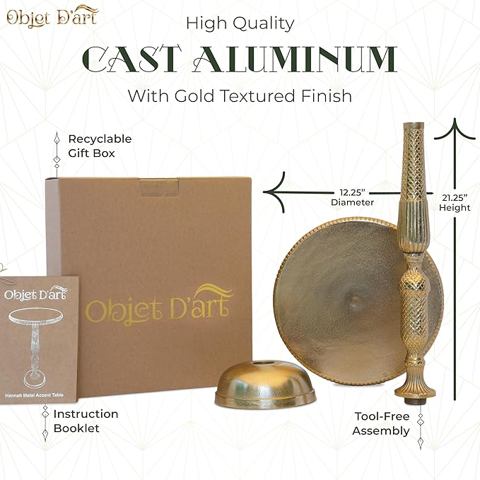 OBJET D'ART Small Round Gold Side Table, Hannah, 20" Height, Vintage Metal Accent, Side, Pedestal, Coctail and Drink Tables for Living Room and Small Spaces