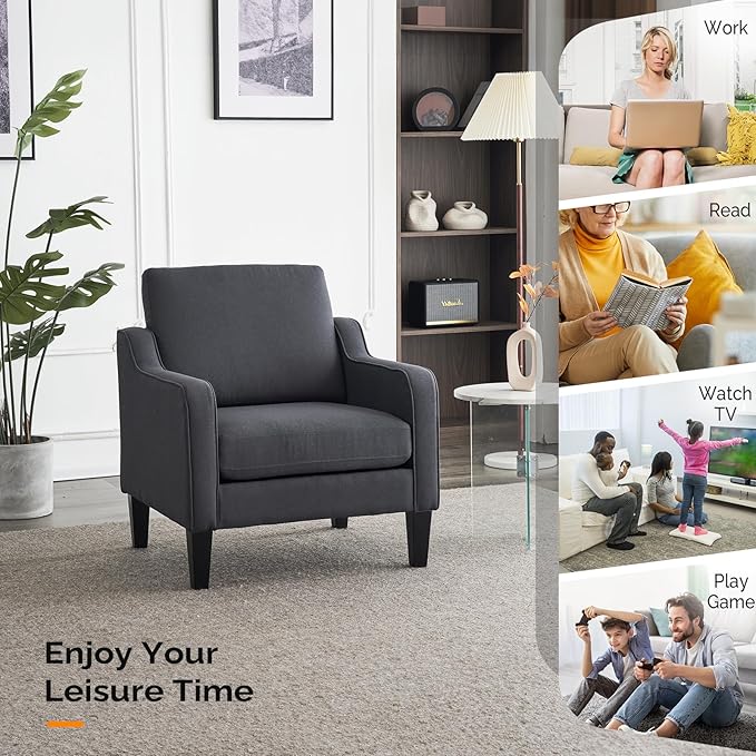 VINGLI Accent Chairs Set of 2 Living Room Chairs Dark Grey Reading Chair for Bedroom Scooped Arm Chair Mid Century Modern Linen Chairs Upholstered Comfy Chair for Apartment, Waiting Room