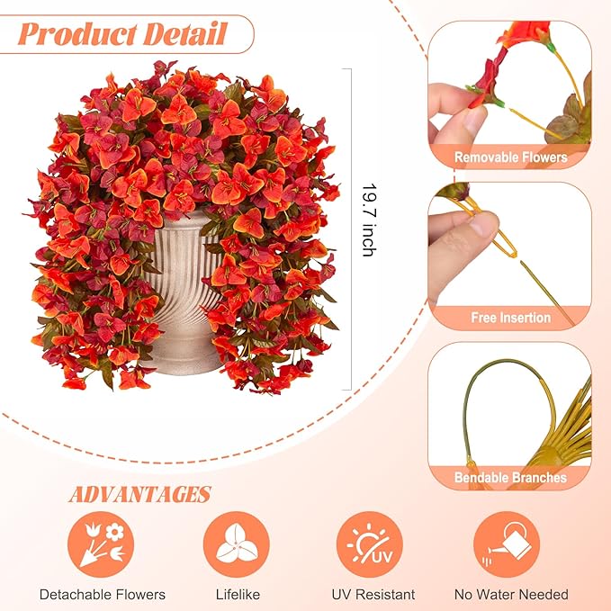 2 pcs Artificial Faux Bougainvillea Fall Flowers Plants for Outdoor Outside Decoration, Fake Silk UV Resistant Long Trailing Vines for Front Door Porch Planter Balcony Decor