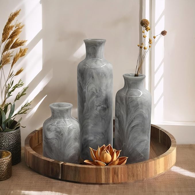 Resin 3 Piece Vase Set, Farmhouse Decor, Home Decorative Vase, Vases for Your Kitchen, Bedroom, Office, Living Room, Bathroom, & Shelf Centerpiece Table Decorations, Grey