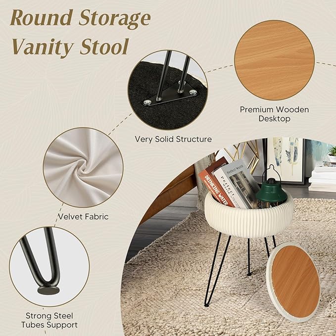 Velvet Vanity Stool with Storage, Round Ottoman Vanity Chairs with Anti-Slip Feet, Dressing Table Seat Foot Stool with Black Legs, Furry Padded Seat Side Table for Makeup Bedroom, White