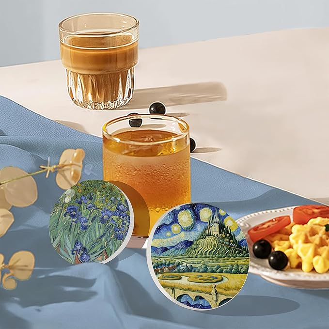 Drink Coasters Set of 6 with Holder, Van Gogh Style Absorbent Ceramic Coasters with Cork Base,Fit All Cups,Great Gift for Housewarming,Room Decor,Bar,Holiday Party