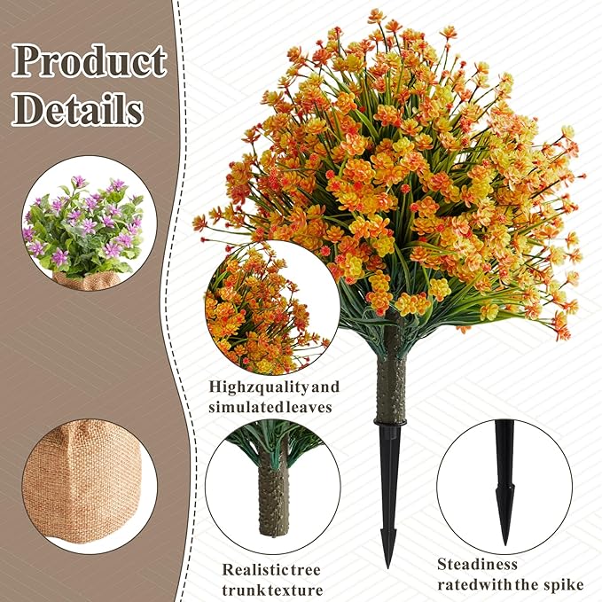 Artificial Allium Grass Stems with Orange-Red Flowers, Set of 2 Faux Allium Ornamental with Metal Spike, UV Resistant Realistic Faux Shrubs for Garden, Yard, Patio, Porch Outdoor Decor