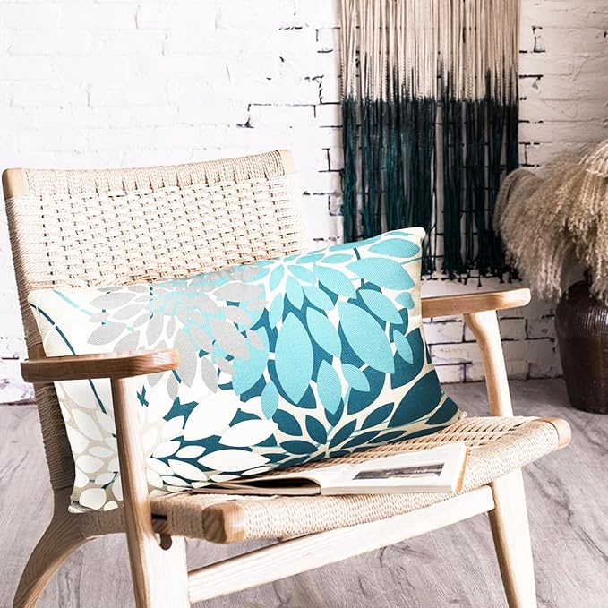 Teal Blue Decorative Throw Pillow Covers 12x20 Inch Pillow Covers for Couch Living Room Bedroom Outdoor.Modern Sofa Throw Pillow Cover.Farmhouse Geometric Floral Linen Square Pillow Case.Set of 2