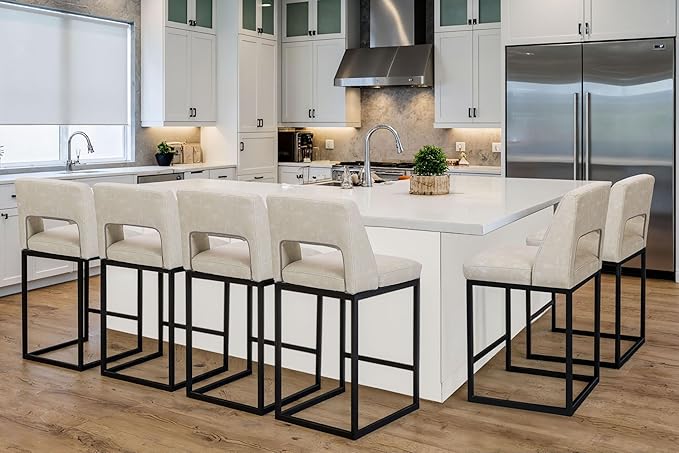 Counter Height Bar Stools Set of 6 for Kitchen Counter Modern Bar Chairs with Backs for Kitchen Island with Upholstered Faux Leather Seat and Metal Frame, Beige, 26 Inch