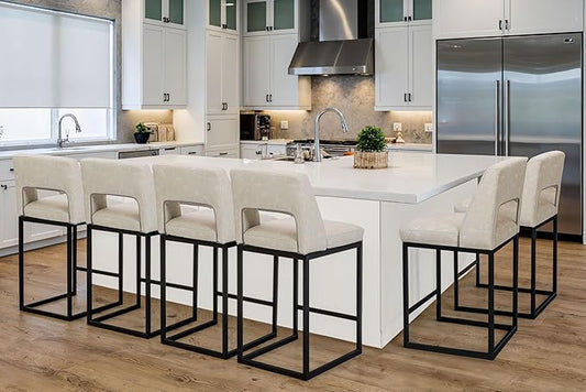 Counter Height Bar Stools Set of 6 for Kitchen Counter Modern Bar Chairs with Backs for Kitchen Island with Upholstered Faux Leather Seat and Metal Frame, Beige, 26 Inch