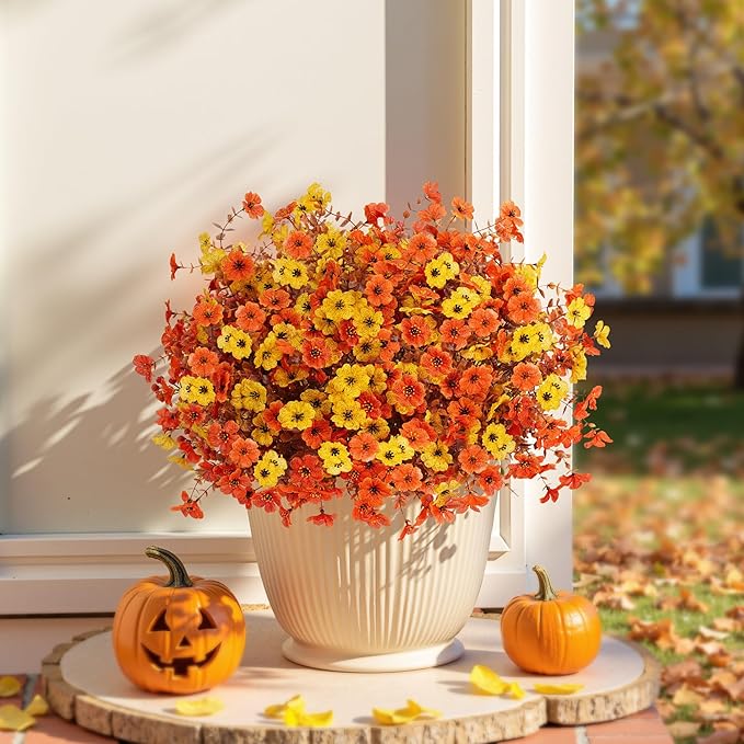 Artificial Mums Fall Fake Flowers for Outdoors, 12 Bundles Faux Mums for Outdoor Planters Decorations,UV Resistant Silk Flowers Plastic Plants for Front Porch Garden Patio Home Decor (B-Orange Yellow)