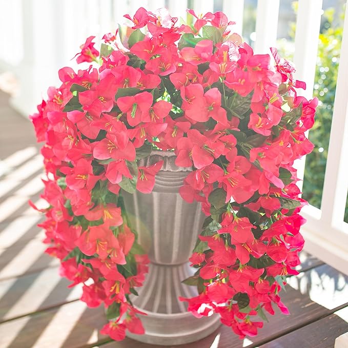 Bougainvillea Artificial Hanging Flowers Plants for Outdoors Decoration, 2pcs Fake Flowers Silk Bougainvillea Vines Realistic UV Resistant Faux Flowers for Planters Porch Patio Urn, Hot Pink