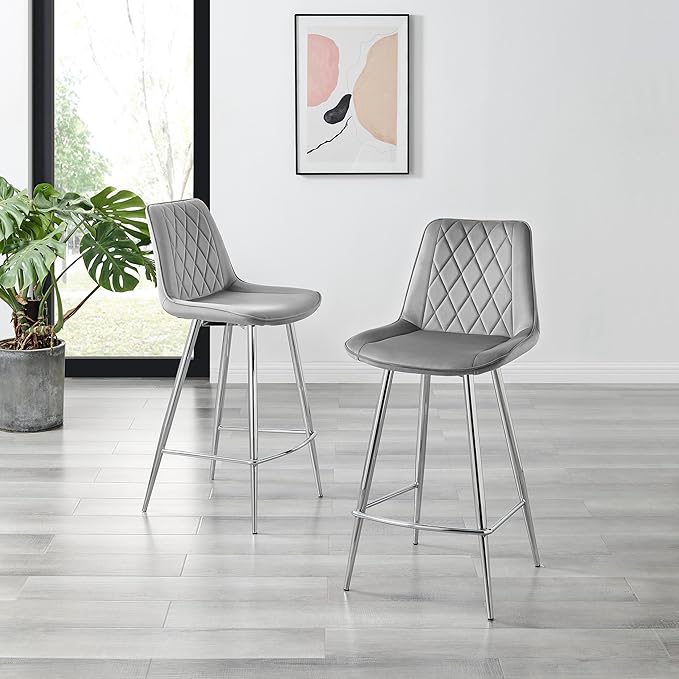 Bar Stool Chair - Pesaro Grey Velvet Upholstered Dining Chair Silver Metal Legs - Modern Style Diamond Quilted Stitching to Back - Contemporary Dining Kitchen Furniture