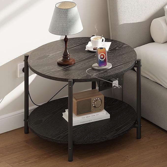 LIKIMIO Round Side Table Set of 2, 23.6" W End Table with Charging Station, Modern Wooden Nightstand for Small Spaces, Living Room, Bedroom, Black