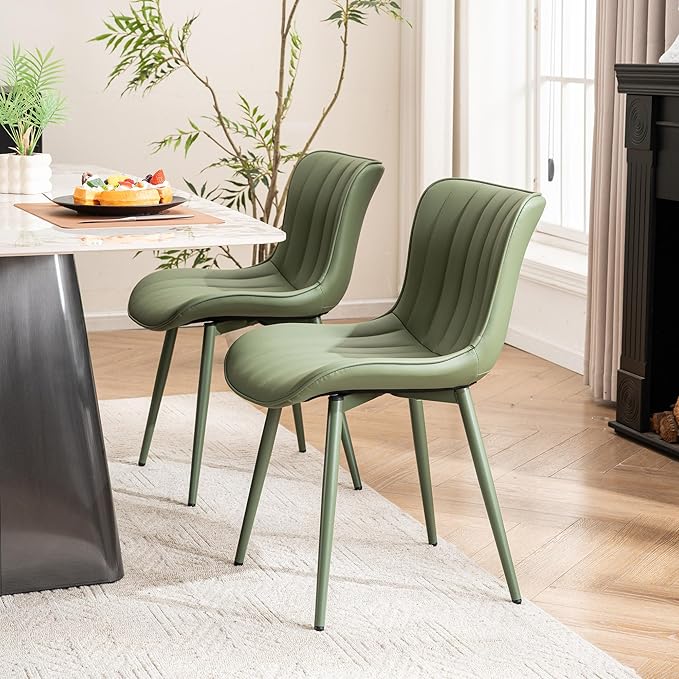 YOUNUOKE Mid-Century Modern Dining Chairs Set of 2, Green PU Leather Upholstered Kitchen Chairs with Green Metal Legs, Armless Accent Chair for Dining Room, Guest Reception Room
