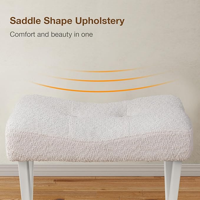 18-Inch Vanity Stool Chair, Vanity Bench with Metal X-Legs, Ottoman Accent Stool with Breathable and Soft Boucle Fabric Saddle Seat, White
