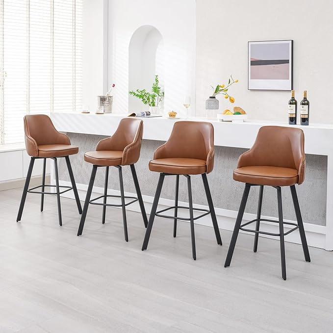 Bar Stools Set of 4, 30" Swivel Bar Height Bar Stools with High Back, Faux Leather Kitchen Bar Chairs Bar Height for Kitchen Island (Dark Brown, 4PCS 30" Bar Stool)