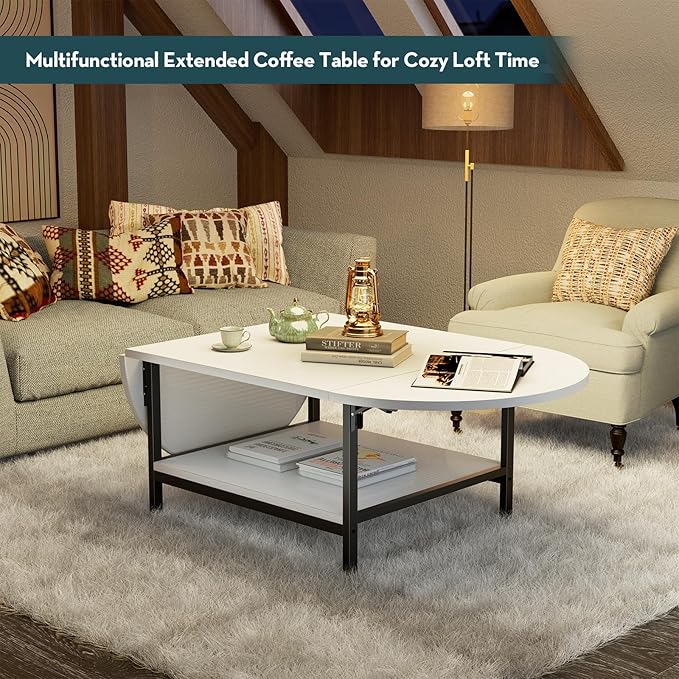 SAYGOER Modern Coffee Table White Extended Coffee Tables with Storage for Living Room 2-Tier Unique Center Table with Two Foldable Panel for Any Large or Small Space, All White