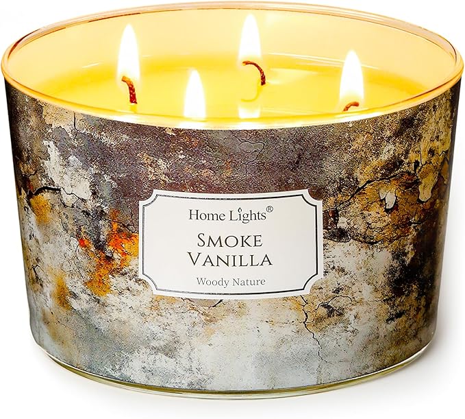 HomeLights Large jar Candle | 4-Wick Long-Lasting Scented Candles, 18oz Natural Soy Wax Candle for Home Scented, Industrial Chic Gifts for Women & Men, Smoke Vanilla