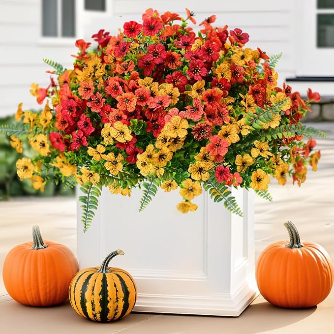 Artificial Faux Plants Flowers Outdoor Decoration,18 Bundles Fake Silk Colorful Daisy Eucalyptus Realistic UV Resistant for Outside Home Planter Porch Patio Yard Decor (Yellow Red)