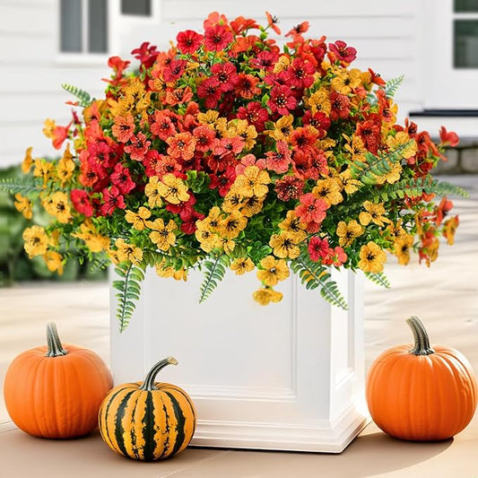 Artificial Faux Plants Flowers Outdoor Decoration,18 Bundles Fake Silk Colorful Daisy Eucalyptus Realistic UV Resistant for Outside Home Planter Porch Patio Yard Decor (Yellow Red)