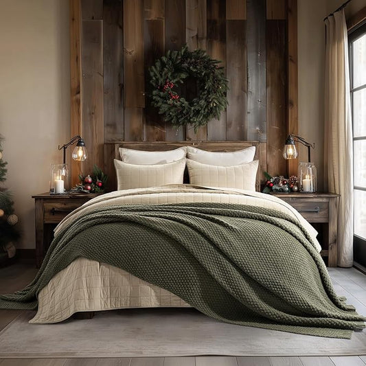 EVERGRACEHOME Chunky Chenille Knit Throw Blanket for Couch, Soft Luxurious Oversized King Moss Stitch Blanket for Bed, Large Cozy Farmhouse Knitted Throw for Sofa, Olive Green, 92" x 108"