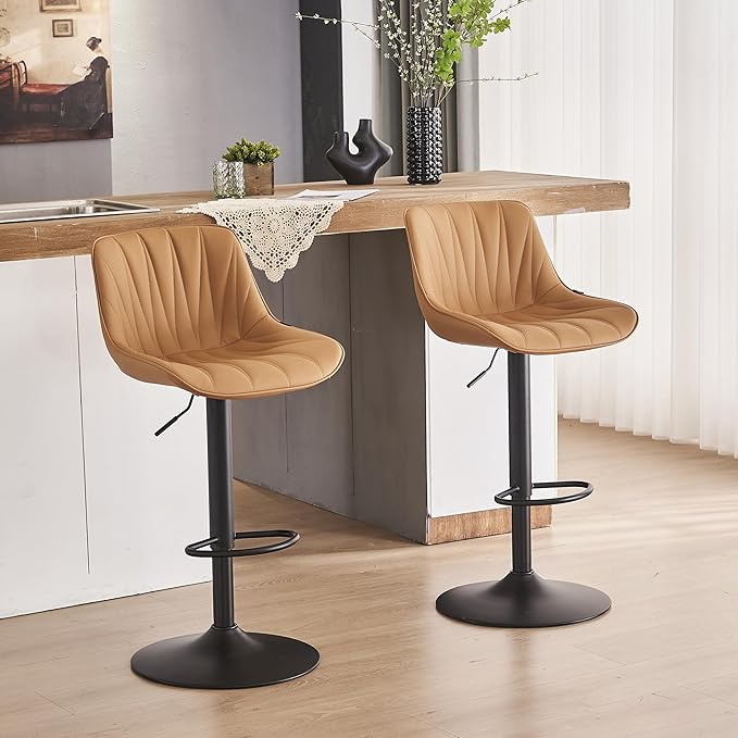 YOUNIKE Saffron Bar Stools Set of 2, Tan Swivel Barstools for Kitchen Island, Adjustable Leather Padded Bar Chairs with Back, Modern Counter Height Stools with 300LBS Support