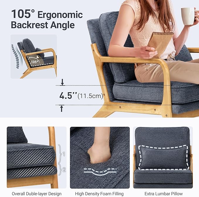 Modern Accent Chair Set of 2 with Lumbar Pillow, Relaxing Mid Century Chair Armchair with Solid Wood Frame & Soft Cushion, Reading Leisure Armchair for Living Room, Blue