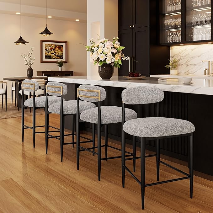 Morden Fort Counter Height Bar Stools Set of 4, Modern Upholstered Counter Stools with Black Metal Legs, Boucle Island Chairs for Kitchen, Dining Room and Bar